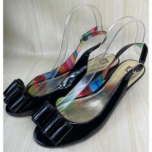 Anne Kline iflex SZ 8.5M Slingback Bow Patent Leather Wedge Black Peep Open Toe - Picture 3 of 7